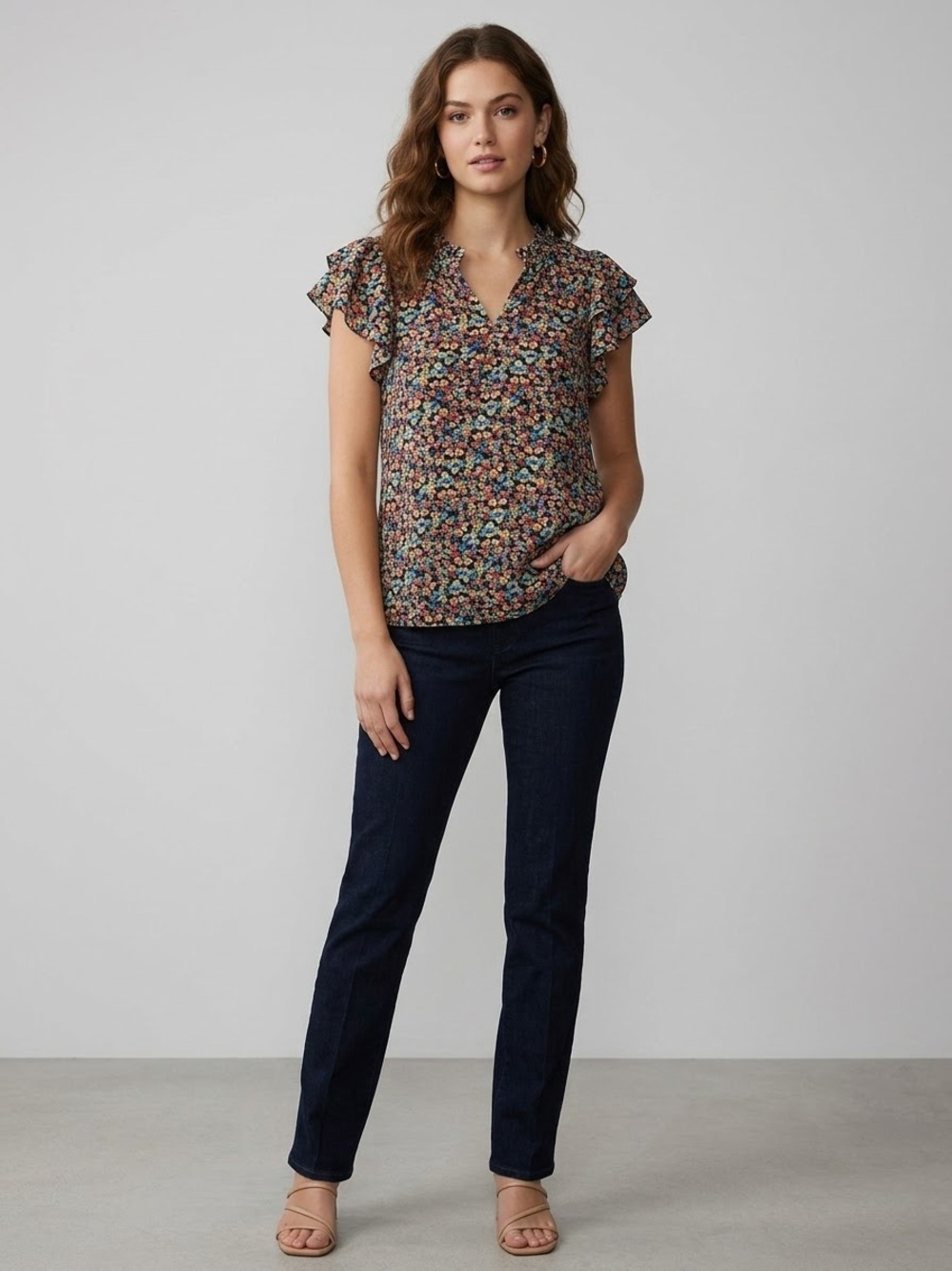 1.STATE V-Neck Ruffle Sleeve Ditsy Floral Blouse M
